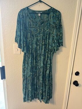 Women's Teal Paisley Flutter Sleeve Dress